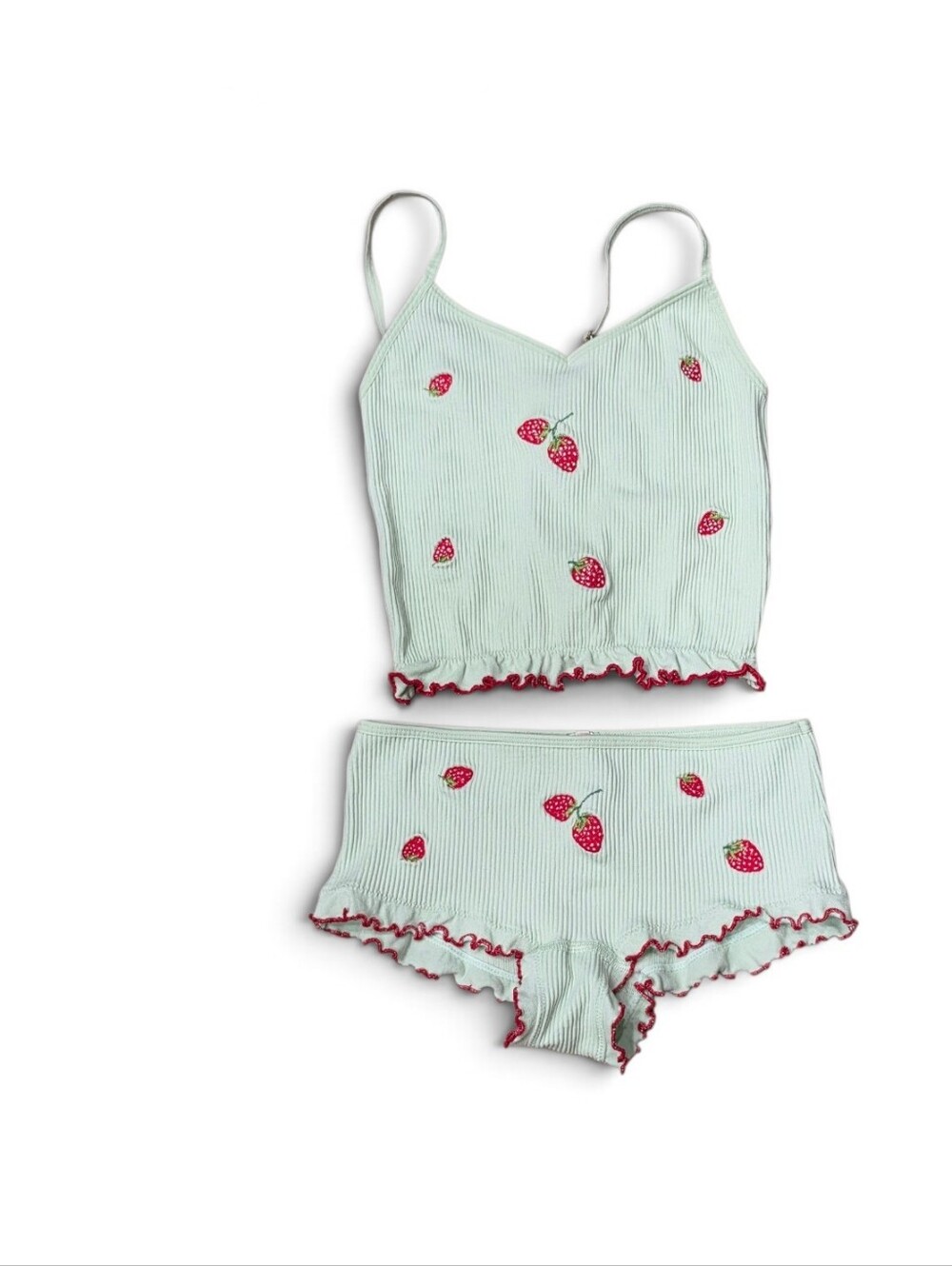 Anthropologie Strawberry Ribbed Pajama Set Cami Shorts Mint Green Ruffle XXS